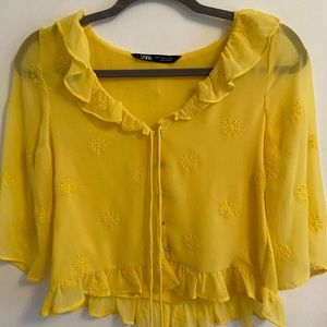 Yellow Summer Blouse with Floral Embroidery- Size S - Zara